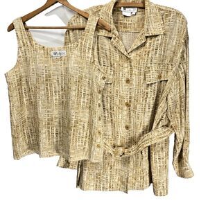 Vintage W by WORTH 2-Piece Pure Silk Set Basket Weave Top Belted Jacket Women 12
